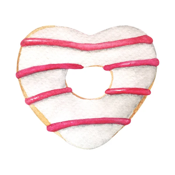 Watercolor heart shaped donut with white glaze — Stock Photo, Image