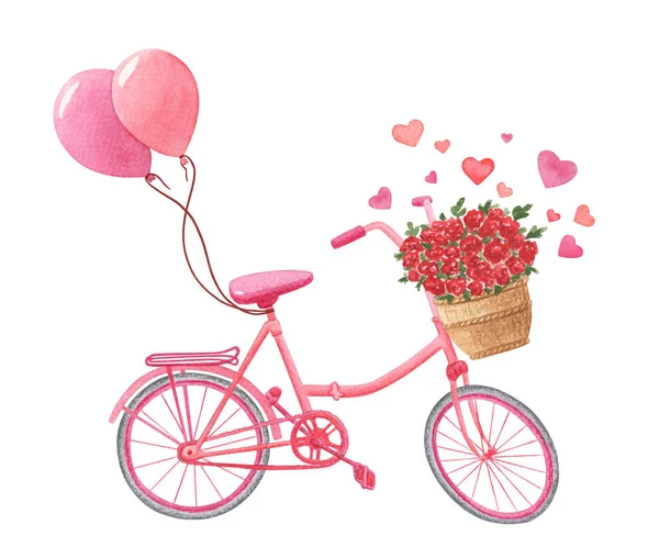Rosa gammaldags cykel med blommor i korgen — Stockfoto
