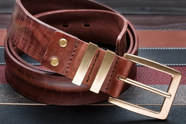 Brown men leather belt with golden buckle — Stock Photo, Image