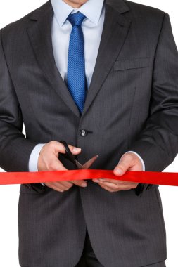Takım elbise kesme kırmızı kurdele makas ISO çifti ile işadamı
