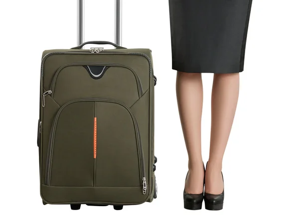 Beautiful woman's legs and travel suitcase — Stock Photo, Image