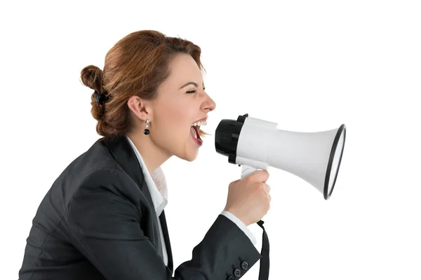 Divertente donna d'affari che grida con un megafono — Foto Stock