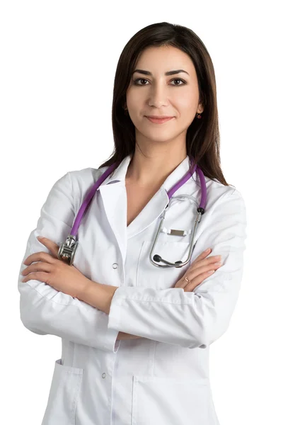 Beautiful smiling female medicine doctor with folded hands — Stock Photo, Image