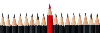 Row of black pencils with one red pencil in middle clipart