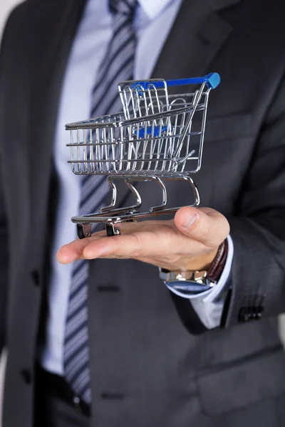 Hombre de negocios sosteniendo carrito de compras — Foto de Stock