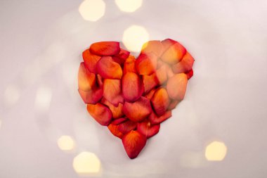 Pembe arka planda kırmızı gül yapraklarının kalbi.