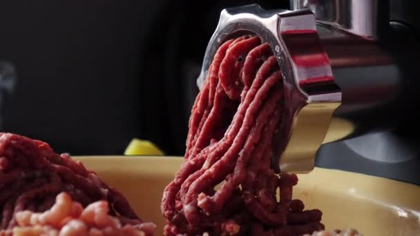 집에서 신선 한 고기를 만들어 전기 육류 분쇄기에 넣고 요리하는 모습. — 비디오