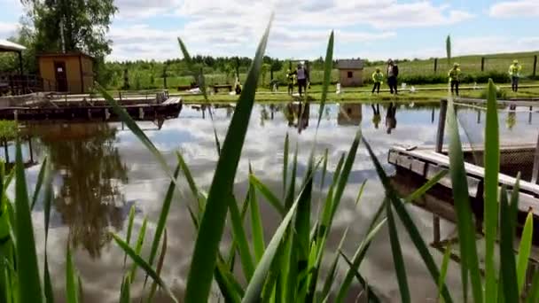 Niños en un viaje de pesca. Fishermans Day en una granja pesquera — Vídeos de Stock