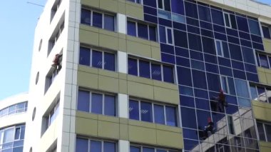 Pencere temizleyicileri. Nitelikli üst düzey işçiler bir ofis binasının camlarını yıkıyorlar.