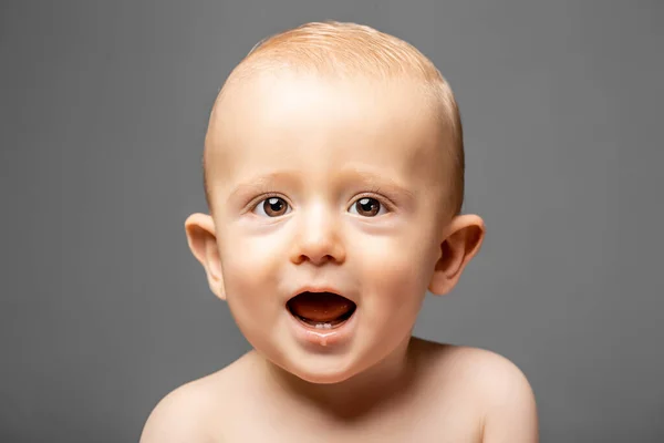 Portrait Adorable Child First Teeth Isolated Gray Background Childhood Psychology — Stock Photo, Image