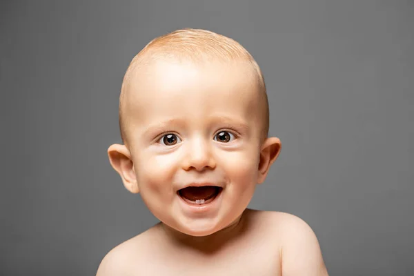 Baby Smiles His First Teeth Isolated Gray Background Childhood Psychology — Stock Photo, Image