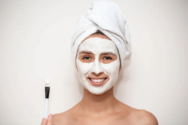 Emotional Portrait Positive Young Woman Cosmetic Mask Her Face White — Stock Photo, Image