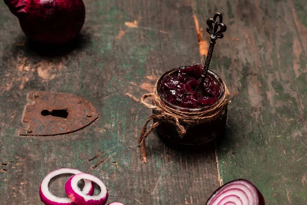 Homemade Diy Natural Healthy Red Onion Marmalade Jam Confiture Chutney — Stock Photo, Image