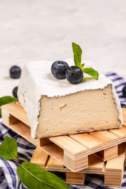 Delicious brie cheese with ash. Brie type of cheese. Camembert. Fresh Brie cheese and a slice. Italian, French cheese, vertical image, place for text,