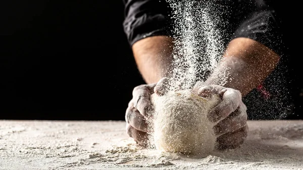 Hands Baker Kneading Dough Isolated Black Background Prepares Ecologically Natural — Stock Photo, Image