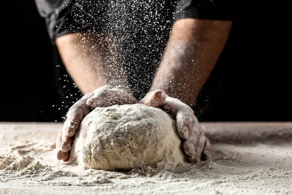 Beautiful Strong Men Hands Knead Dough Which Make Bread Pasta — Stock Photo, Image