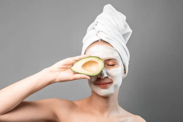 Beauty Portrait Smiling Brunette Woman Towel Head White Nourishing Mask — Stock Photo, Image