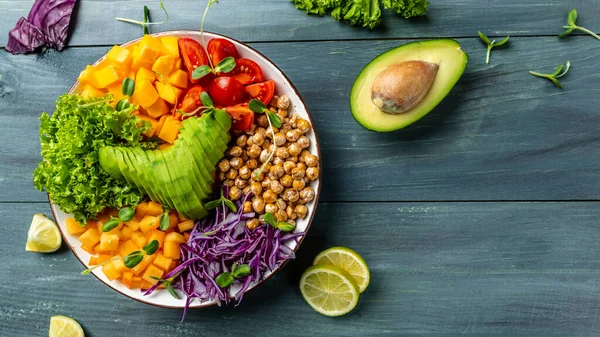 Buda Tigela Vegetariano Prato Vegan Abacate Tomate Repolho Vermelho Grão — Fotografia de Stock