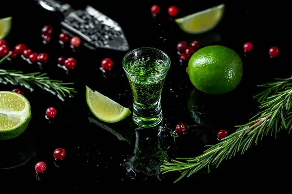 Bir Bardak Absent Kaşık Esmer Şeker Kızılcık Buz Küpleri Limon — Stok fotoğraf