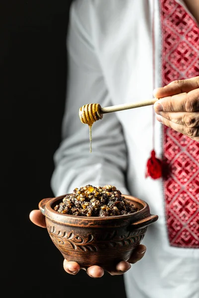 Kutya Hand Gießt Honig Weihnachten Slowenisches Essen Vertikales Bild Platz — Stockfoto