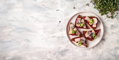 Ringa, soğan ve pancar sandviçi. Atıştırmalık ya da fast food konsepti. Ringa fileto ile geleneksel sandviç. İskandinav mutfağı. Pankart, yemek servisi menü tarifi yeri, metin, üst görünüm.