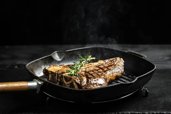 Cooking Beef Steak Frying Grill Pan Black Food Recipe Background — Stock Photo, Image