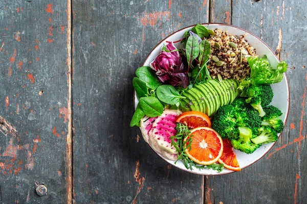 Sano Buddha Vegetale Ciotola Pranzo Avocado Arancia Rossa Broccoli Ravanello — Foto Stock