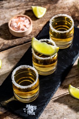Limonlu ve tuzlu Meksika Altın Tekilası. konsept lüks içecek. Alkolik içki. dikey resim.