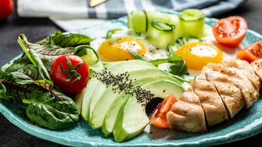 Sağlıklı kahvaltı, ketojenik. Tavuk ızgara fileto salata taze domates, salatalık, yumurta ve avokado. Yemek tarifi geçmişi. Kapat..