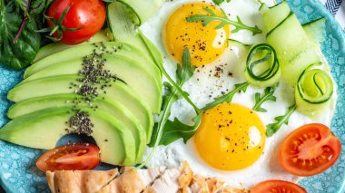 Yağda yumurta. Tavuk ızgara fileto, taze domates, salatalık ve avokadoyu yakından izleyin. Ketogenik diyet kahvaltısı. Yemek tarifi geçmişi.