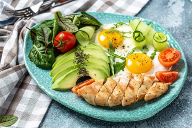 Keto paleo diyet kahvaltı tavuk ızgara fileto salata taze domates, salatalık, yumurta ve avokado. Keto Paleo diyet menüsü. en üstteki görünüm.