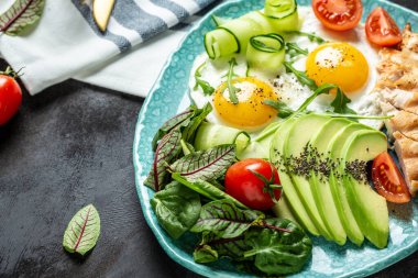 Ketojenik düşük karbonhidratlı kahvaltıda vişneli yumurta, avokado, tavuk ızgara fileto, salatalık ve avokado. en üstteki görünüm.