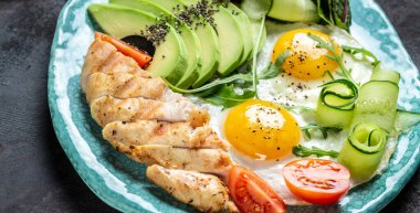 Ketogenik diyet kahvaltısı. Tavuk ızgara fileto salata taze domates, salatalık, yumurta ve avokado. Düşük karbonhidratlı yüksek yağlı kahvaltı..