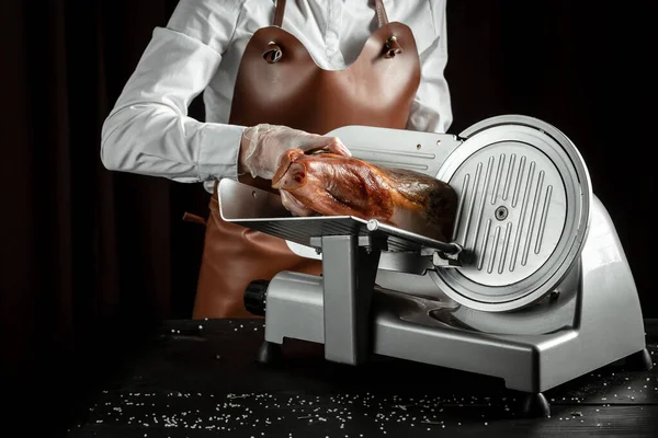 Dry Spanish Ham Cutting Machine Iberian Ham Cutter Black Background — Stock Photo, Image