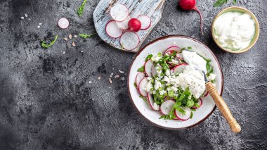 Turp, roka, süzme peynir ve ekşi kremalı Rustik salata. Sağlıklı vejetaryen yemekleri. Uzun pankart biçimi, üst görünüm.