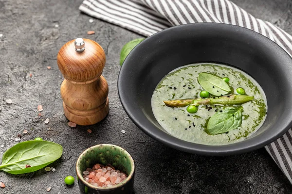 Zöldséges Zöldségkrémleves Püré Spárgával Brokkolival Spenóttal Vegán Kajával Lapos Fekvés — Stock Fotó