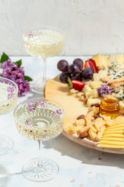 Antipasto tabağı çeşit çeşit yumuşak ve sert peynir. İspanyol manchego peyniri, jambon, jambon. Akşam yemeği ya da aperatif parti konsepti. yemek servisi afişi, menü, tarif.