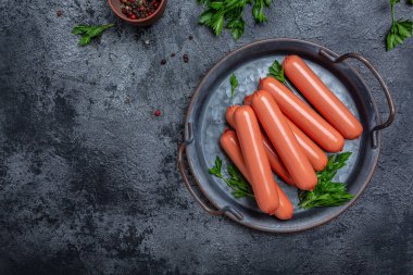 Vegan vegetables sausage imitation meat. place for text, top view.