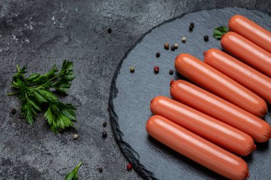 vegetarian vegan sausages made from vegetarian plant based soya beans imitation meat. plant based food concept, banner, menu recipe place for text, top view.
