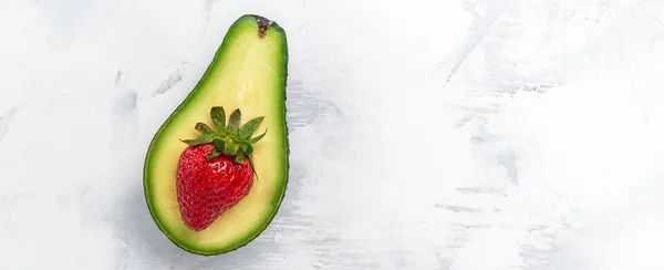 Avocado Cut Half Slice Strawberry White Background Detox Concept Long — Stockfoto