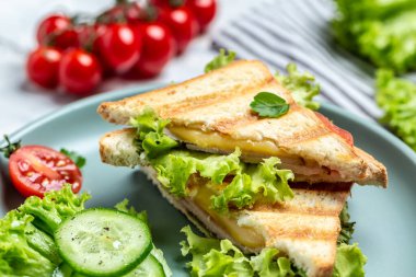 Jambonlu, peynirli ve salatalı sıcak sandviç. Bastırılmış ve kızartılmış çifte aperatif.,