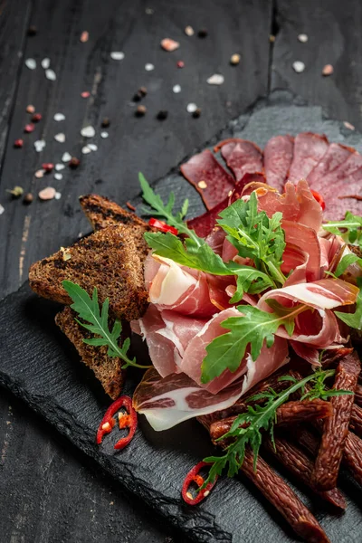Catering Platter Different Meat Products Sliced Ham Sausage Prosciutto Bacon — Stock Photo, Image
