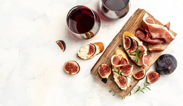 Appetizers Antipasti Snacks Wine Sandwich Prosciutto Cream Cheese Figs Banner — Stock Photo, Image