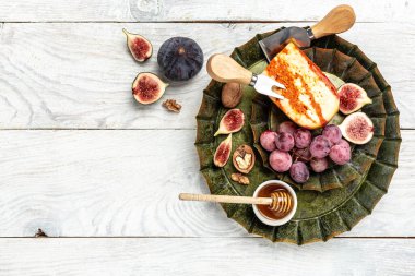 İncir, üzüm, ceviz, pankart, menü, yazı için tarif yeri, üst görünüm.,