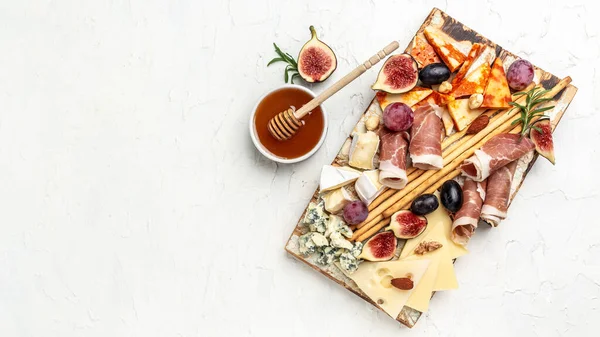 Cheese Platter Assorted Cheese Ham Fruit Bread Sticks Nuts Banner — Stock Photo, Image