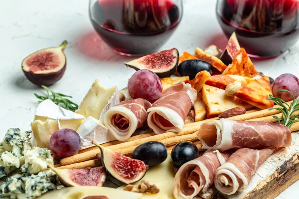 Appetizers Table Italian Antipasti Snacks Wine Glasses Cheese Ham Nuts — Stock Photo, Image