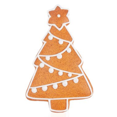 Gingerbread Christmas tree cookie decorated with white icing on white background.