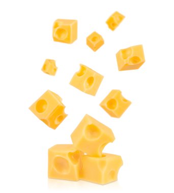 Falling cubes of Swiss cheese with round holes isolated on white background, dairy product concept with copy space for text, ideal for advertising, banner, or food design template