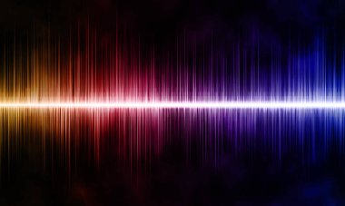 Vibrant abstract soundwave spectrum featuring a bright glowing central line and dynamic colorful frequency bars in red, purple, blue, and neon tones on a dark background