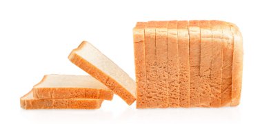 Freshly sliced white bread loaf displayed on a clean white background, showing soft texture and golden crust